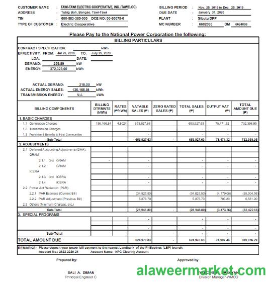 PHILIPPINES TAWELCO utility bill Word and PDF template